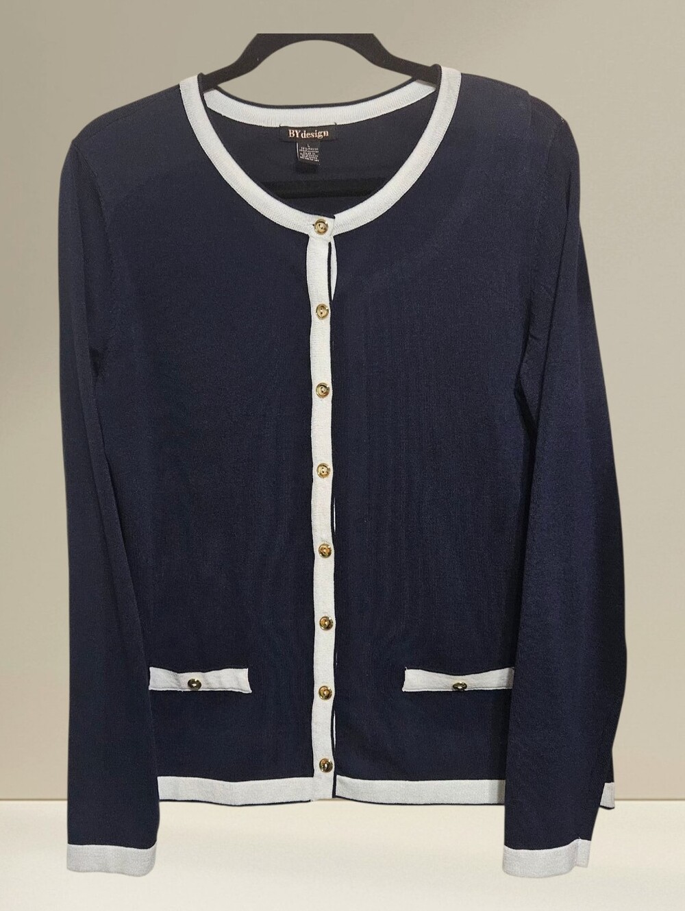BYdesign Navy Cardigan with White Trim and Gold Buttons